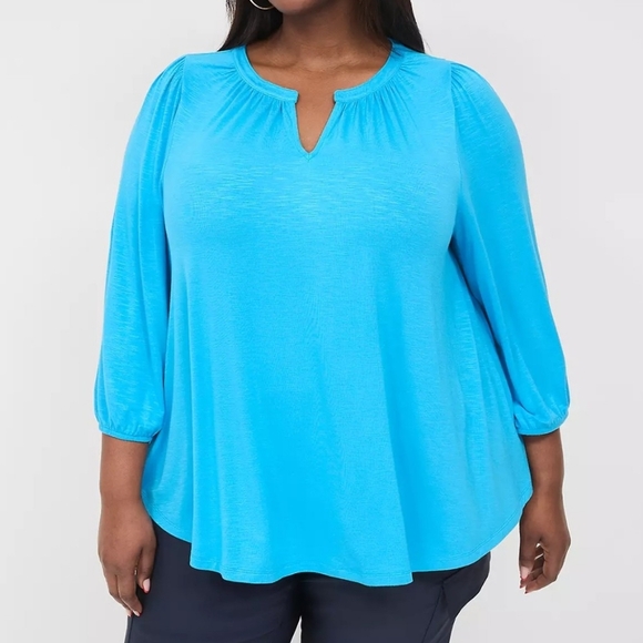 Lane Bryant Bright Blue Swing Blouson- Sleeve Notch-Neck Jersey Top Sz 26/28 NEW - Picture 1 of 11